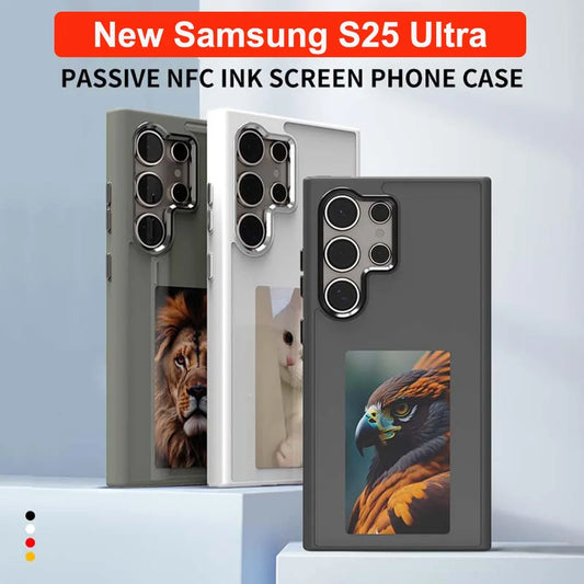 Samsung S25 Ultra phone case with passive NFC ink screen feature, showing a lion, rabbit, and eagle on the screen.